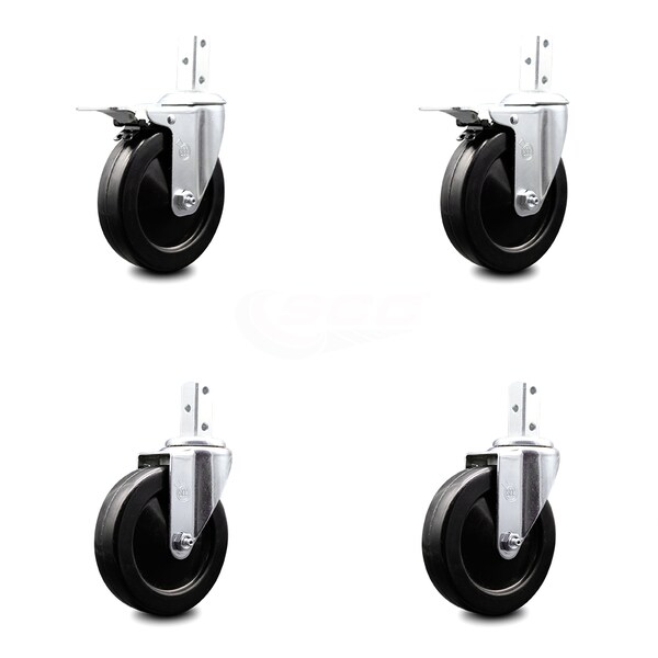 5 Inch Soft Rubber Swivel 7/8 Inch Square Stem Caster Total Lock Brakes, 2PK